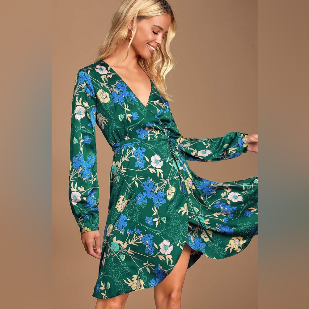 Lulus Love is Life Green Floral Print Satin Wrap Dress Wedding Guest Easter
